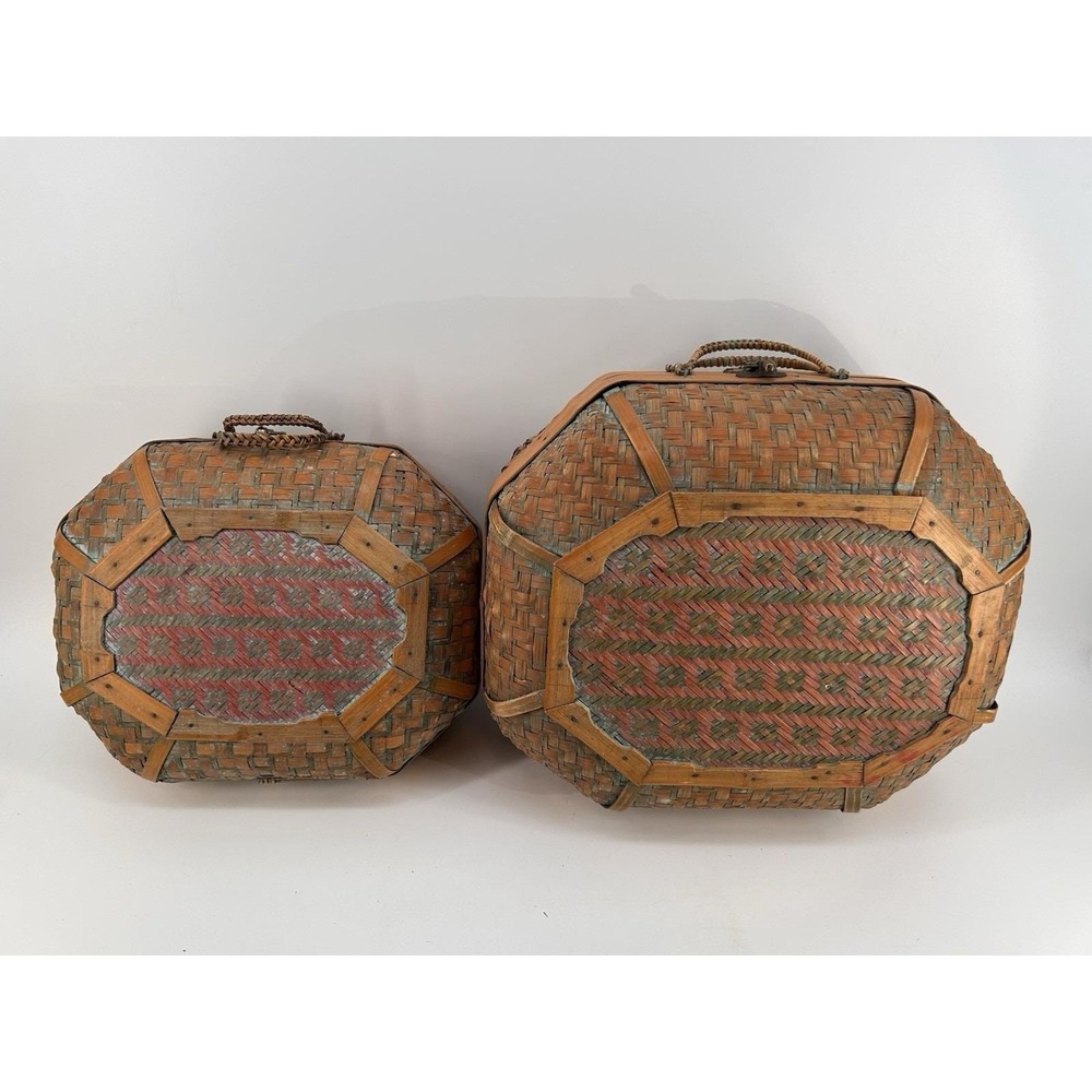 Vintage Handwoven‎ Bamboo & Wood Storage Chest/ Suitcase Set Of 2